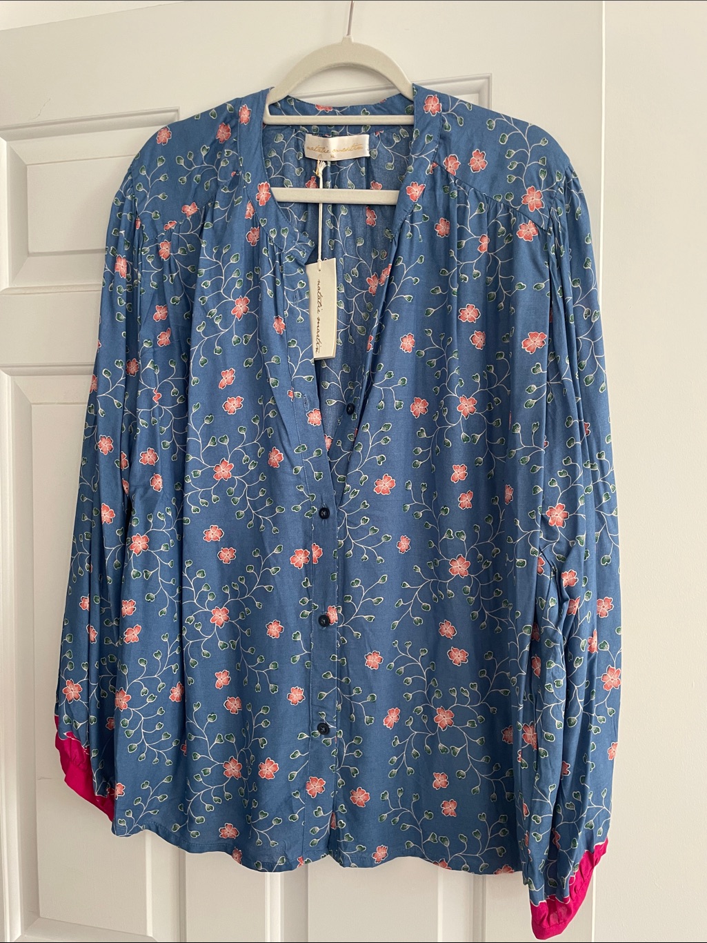 Natalie Martin Blue Floral Button-Front Blouse With Pink Accents